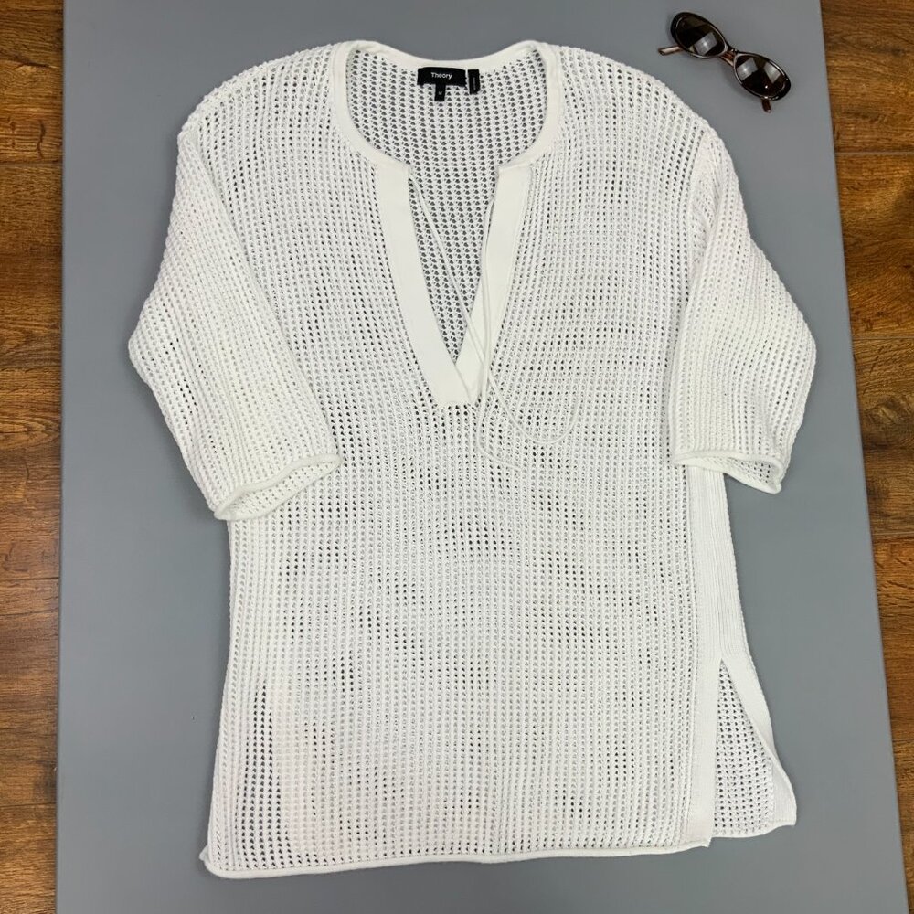 Theory White Open Knit Crochet Tunic Top Cover Up Cotton Blend Sz M